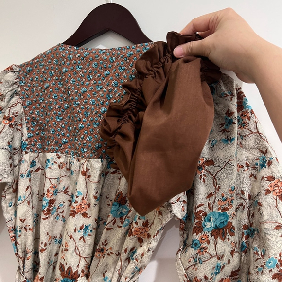 Vintage Prairie Floral Maxi Dress - Puff Sleeve Cottagecore Boho Size M Brown - Picture 5 of 8
